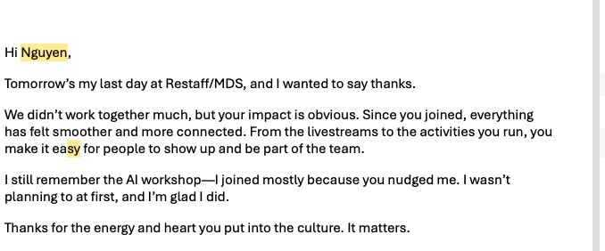 Thank-you note from a colleague